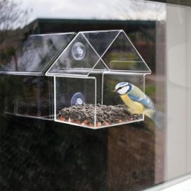 Mangeoire extérieure avec perchoir incorporé transparente pour oiseaux